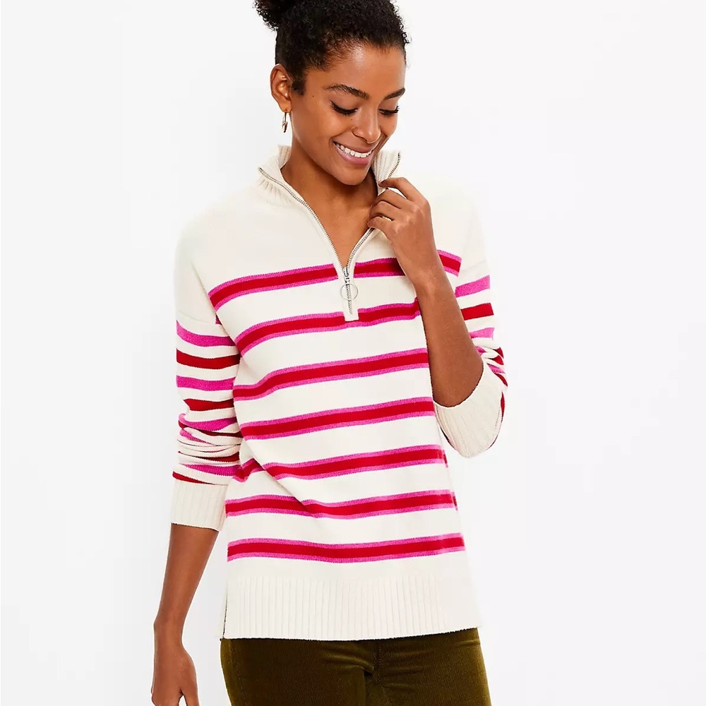 LOFT Cream and Pink Striped Half-Zip Sweater